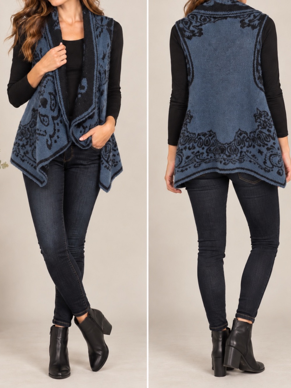 Cupio Blue Black Paisley Draped Sweater Vest Boho Open Front Medium